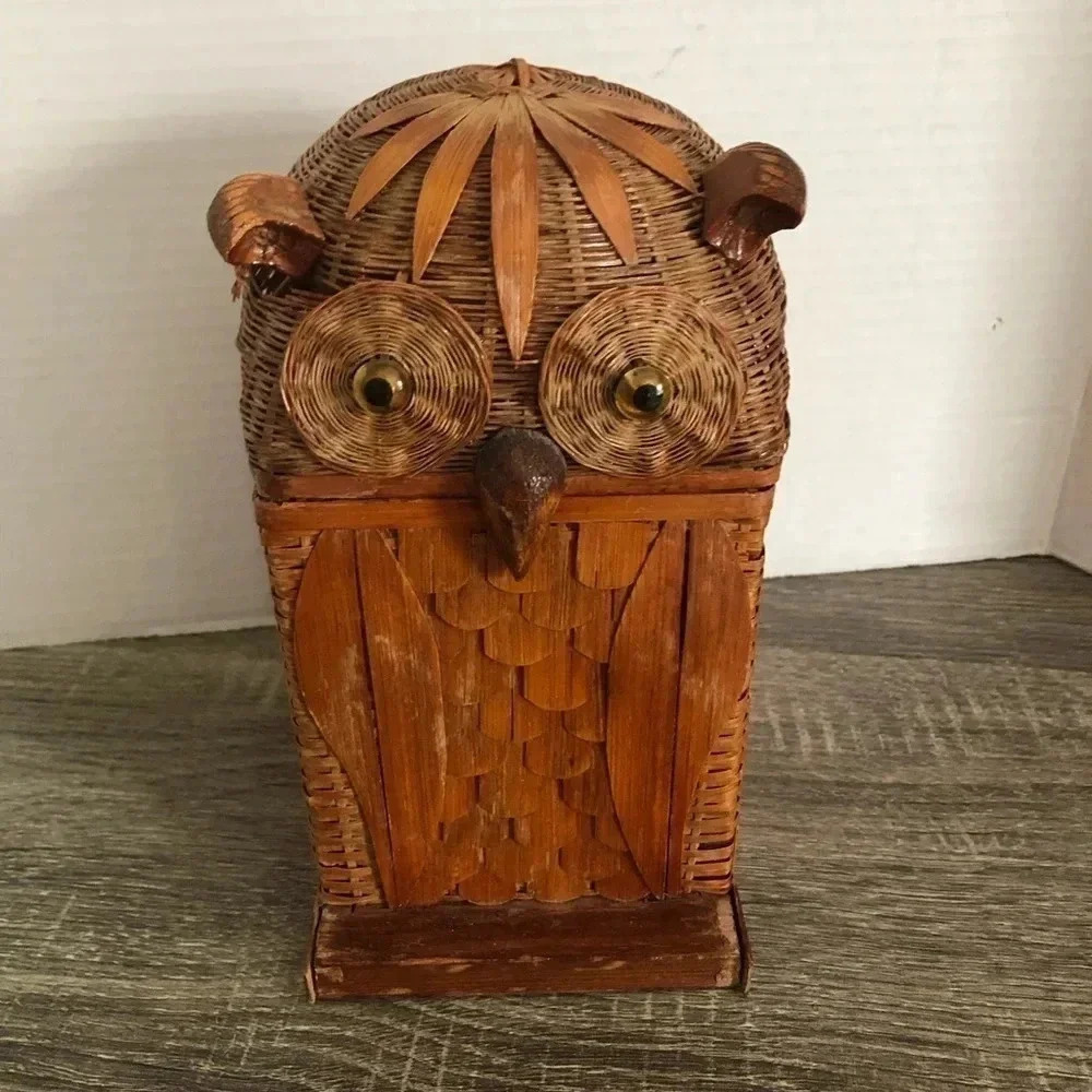 Vtg Handwoven Owl Box - Picture 2 of 11